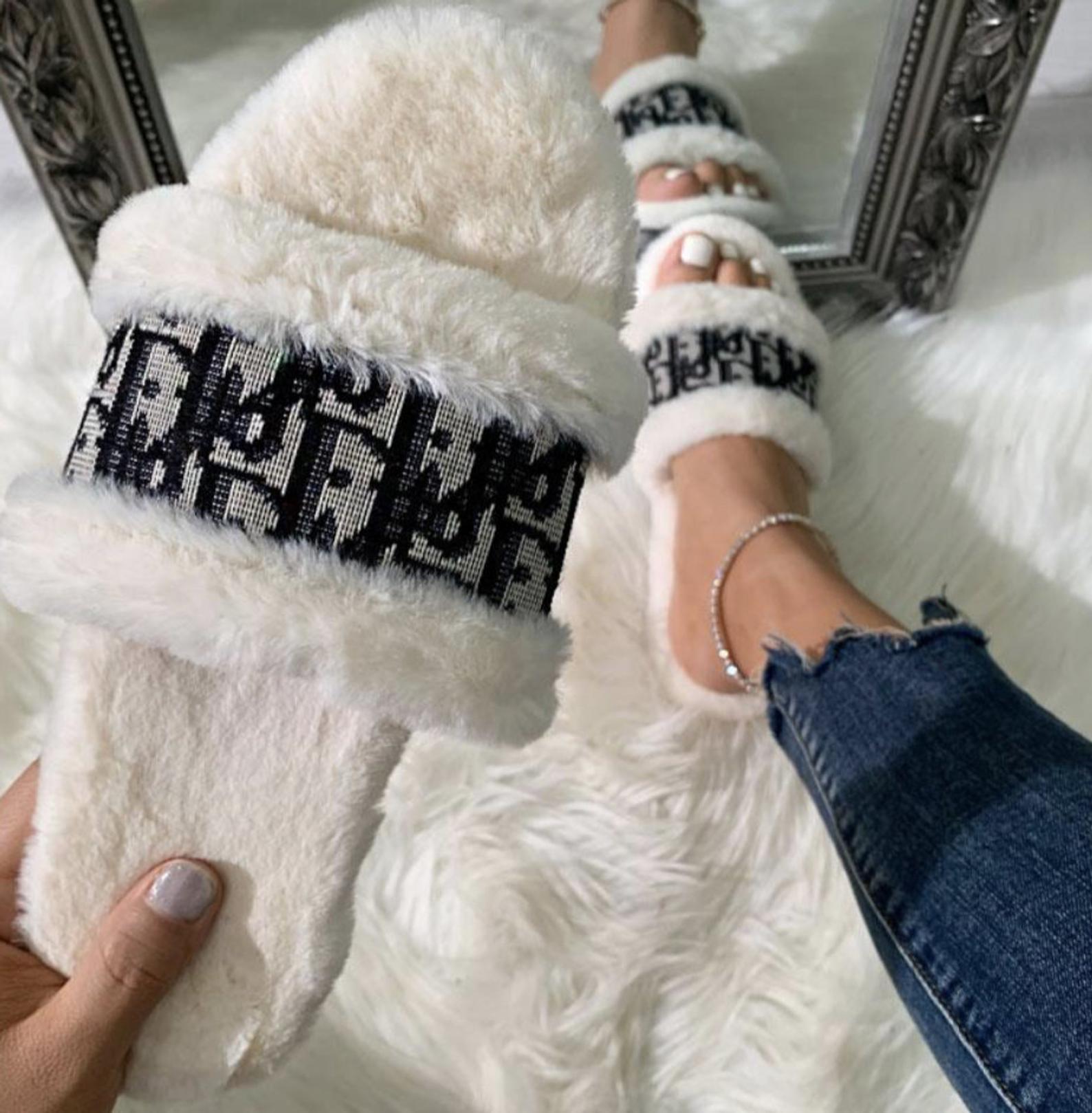 White Fur Dior Slippers