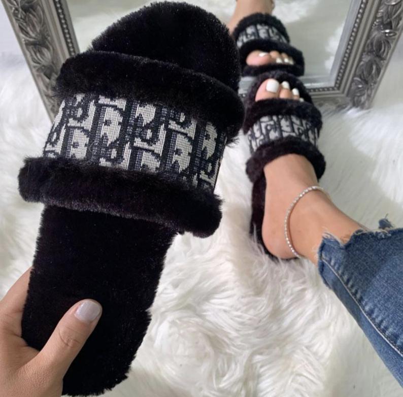 Black Fur Dior Slippers