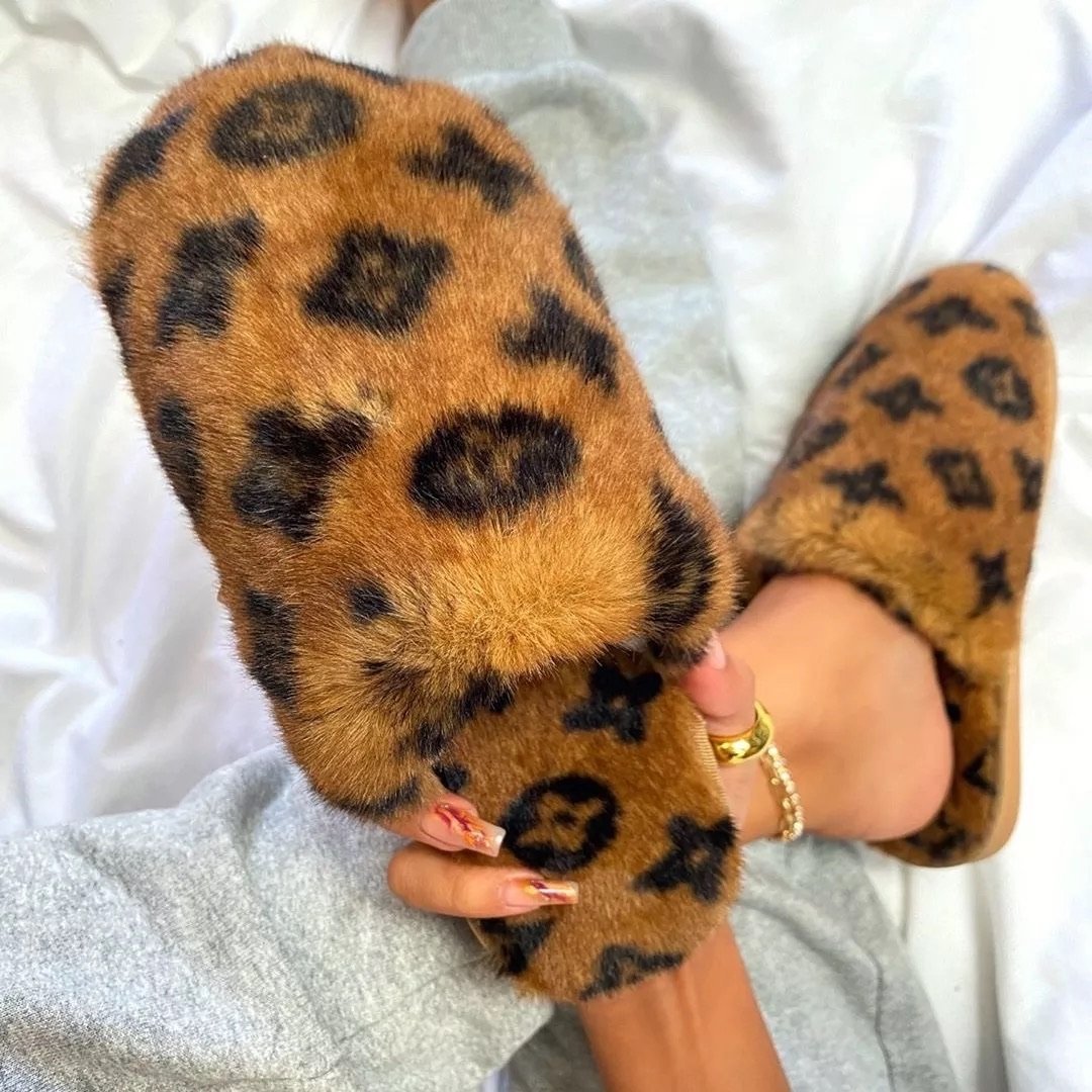 Brown Monogram Faux Fur Slippers