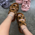 Brown Monogram Double Strap Faux Fur Slippers