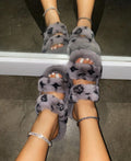 Grey Monogram Double Strap Faux Fur Slippers