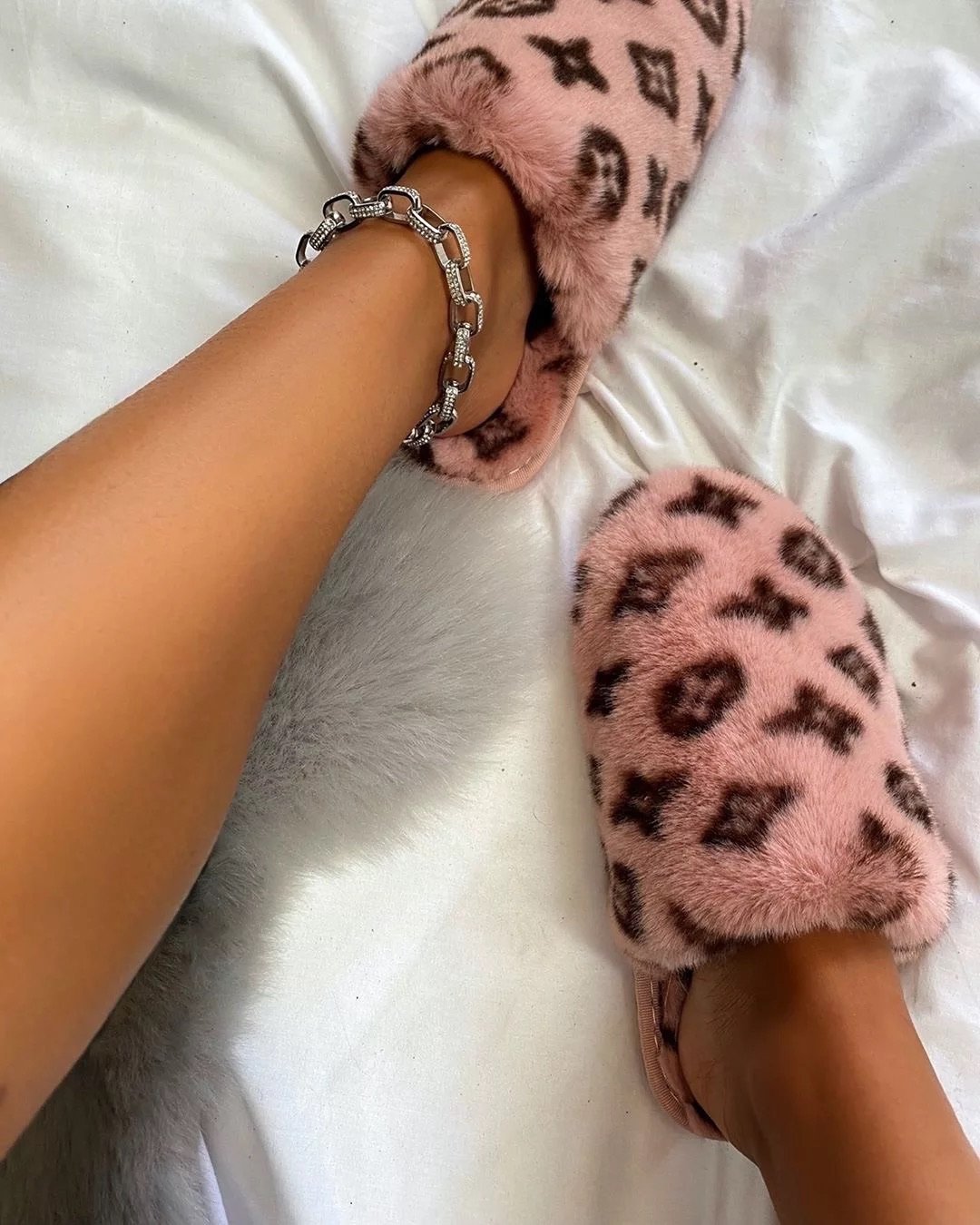 Pink Monogram Faux Fur Slippers