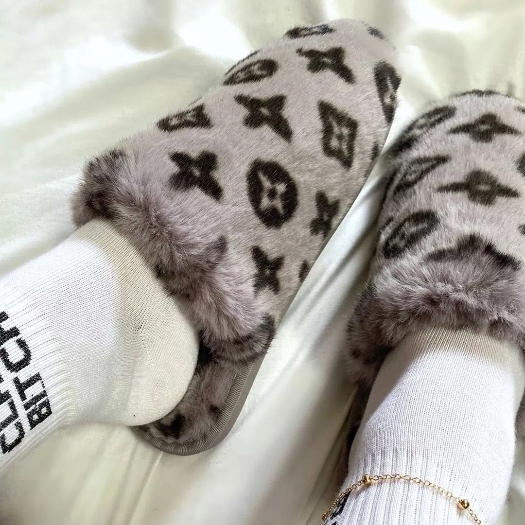 Grey Monogram Faux Fur Slippers